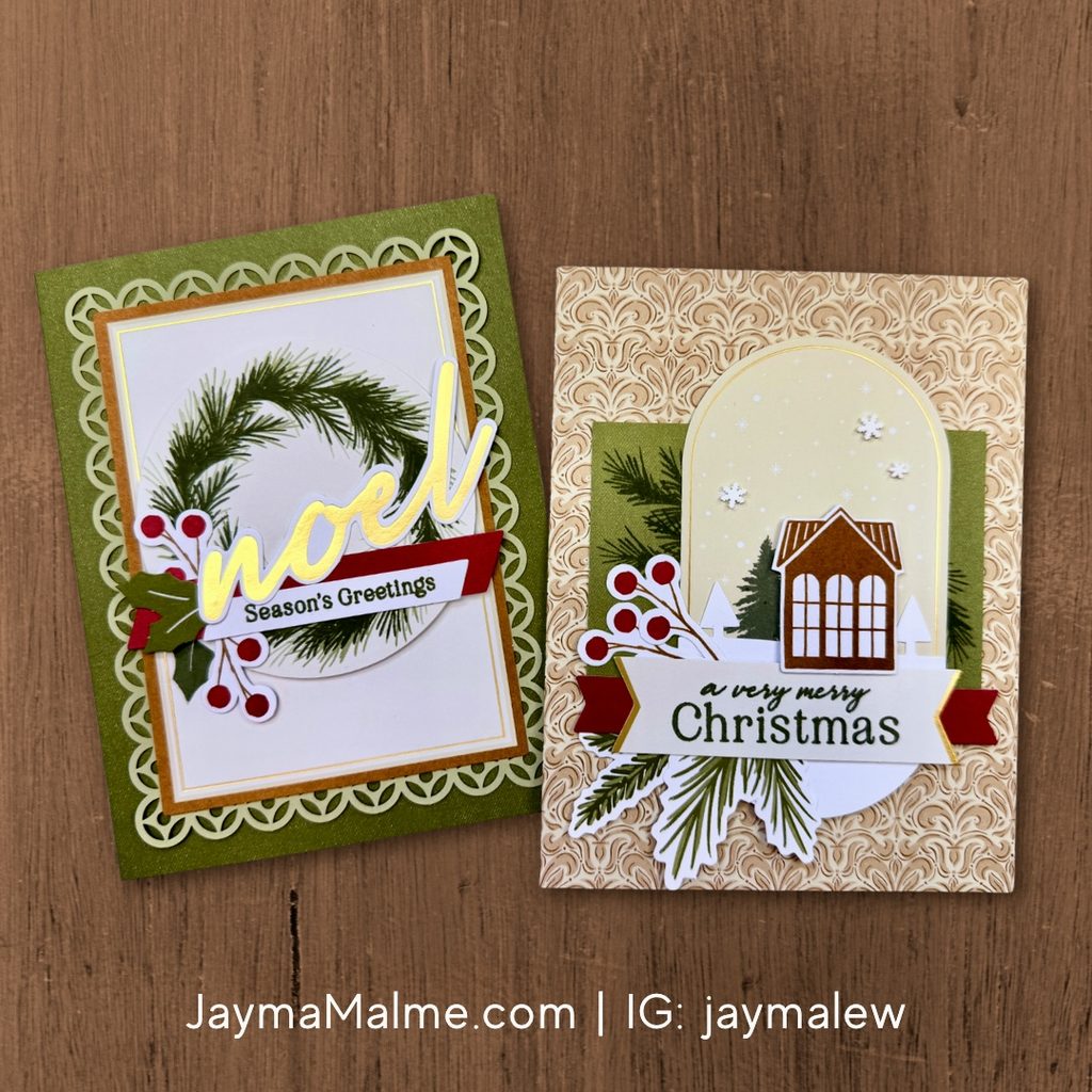 Two handmade Christmas cards created with the October 2026 Stampin' Up! Noel Greetings Paper Pumpkin kit.